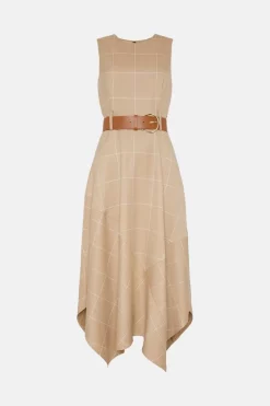 Top 10 ⌛ Karen Millen Check Belted High Low Midi 👗 Dress - camel 💯 -Occasionwear Popular Store bkk05324 camel xl 3