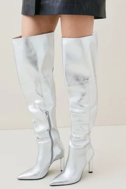 Hot Sale 😍 Karen Millen Metallic Over The Knee Heeled Boot - silver ✔️
