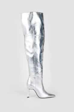 Hot Sale 😍 Karen Millen Metallic Over The Knee Heeled Boot - silver ✔️ -Occasionwear Popular Store bkk05328 silver xl 2