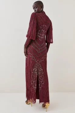 Cheap 🎁 Karen Millen Embellished Balloon Sleeve Maxi 👗 Dress - merlot 🔔 -Occasionwear Popular Store bkk05455 merlot xl 2