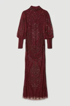Cheap 🎁 Karen Millen Embellished Balloon Sleeve Maxi 👗 Dress - merlot 🔔 -Occasionwear Popular Store bkk05455 merlot xl 3