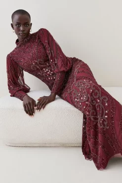 Cheap 🎁 Karen Millen Embellished Balloon Sleeve Maxi 👗 Dress - merlot 🔔 -Occasionwear Popular Store bkk05455 merlot xl 4