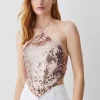 Wholesale 👍 Karen Millen Liquid Sequin Hanky Woven Halter Top - rose gold 🌟 -Occasionwear Popular Store bkk05504 rose20gold xl