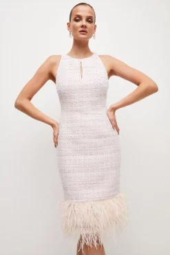 Outlet 🤩 Karen Millen Sparkle Tweed Feather Hem Midi 👗 Dress 💯 -Occasionwear Popular Store bkk05518 blush xl 2
