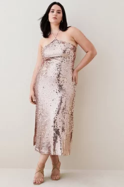 Promo 🔔 Karen Millen Plus Size Liquid Sequin Woven Halter 👗 Dress - rose gold ✔️