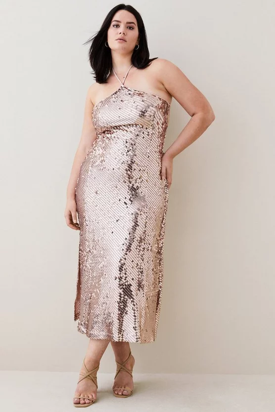 Promo 🔔 Karen Millen Plus Size Liquid Sequin Woven Halter 👗 Dress - rose gold ✔️ 3 Promo 🔔 Karen Millen Plus Size Liquid Sequin Woven Halter 👗 Dress - rose gold ✔️
