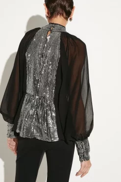 Best deal 🥰 Karen Millen Sequin Panelled Georgette Blouse 🔥 -Occasionwear Popular Store bkk05527 black xl 2