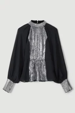 Best deal 🥰 Karen Millen Sequin Panelled Georgette Blouse 🔥 -Occasionwear Popular Store bkk05527 black xl 3