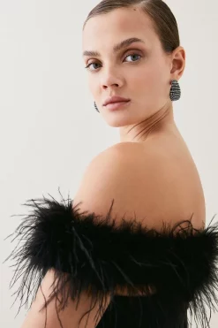 Best Sale 🎉 Karen Millen Feather Detail Bandage Bardot Maxi 👗 Dress ✨ -Occasionwear Popular Store bkk05549 black xl 2