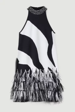 Best reviews of 😍 Karen Millen Feather Hem Mono Print Knit Mini 👗 Dress 🔔 -Occasionwear Popular Store bkk05563 mono xl 3