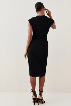 Hot Sale 💯 Karen Millen Structured Crepe Belted Forever Midi 👗 Dress 👍 -Occasionwear Popular Store bkk05569 black xl 2