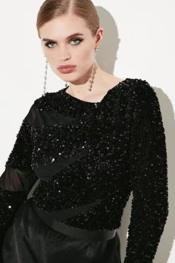 New 😍 Karen Millen All Over Sequin Jersey Mesh Top 👍 -Occasionwear Popular Store bkk05689 black xl 2