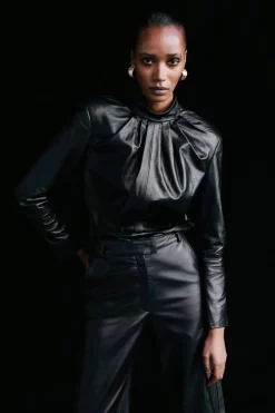 Budget ๐ Karen Millen Leather Strong Shoulder Long Sleeved Top โจ