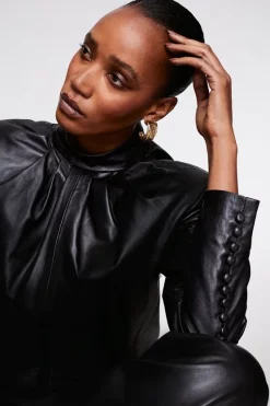 Budget 👏 Karen Millen Leather Strong Shoulder Long Sleeved Top ✨ 12 Budget 👏 Karen Millen Leather Strong Shoulder Long Sleeved Top ✨ -Occasionwear Popular Store bkk05709 black xl 2