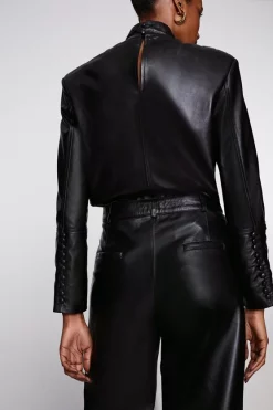 Budget 👏 Karen Millen Leather Strong Shoulder Long Sleeved Top ✨ 15 Budget 👏 Karen Millen Leather Strong Shoulder Long Sleeved Top ✨ -Occasionwear Popular Store bkk05709 black xl 5