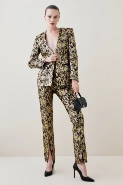 Cheapest 🔥 Karen Millen Metallic Snake Print Collarless Tailored Single Breasted Jacket - gold ⭐ -Occasionwear Popular Store bkk05715 gold xl 2