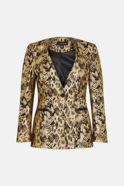 Cheapest 🔥 Karen Millen Metallic Snake Print Collarless Tailored Single Breasted Jacket - gold ⭐ -Occasionwear Popular Store bkk05715 gold xl 3
