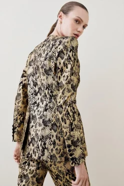 Cheapest 🔥 Karen Millen Metallic Snake Print Collarless Tailored Single Breasted Jacket - gold ⭐ -Occasionwear Popular Store bkk05715 gold xl 5