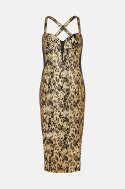 Coupon 😉 Karen Millen Metallic Snake Print Contrast Pencil Midi 👗 Dress - gold 💯 -Occasionwear Popular Store bkk05717 gold xl 3