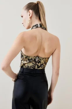 Flash Sale 🎁 Karen Millen Snake Jacquard Halter Neck Top - gold 👏 -Occasionwear Popular Store bkk05719 gold xl 4