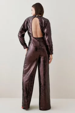Best Pirce ✔️ Karen Millen Fringed Sequinned V Neck Jumpsuit - bronze 🧨 -Occasionwear Popular Store bkk05744 bronze xl 2