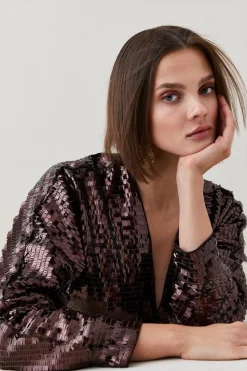 Best Pirce ✔️ Karen Millen Fringed Sequinned V Neck Jumpsuit - bronze 🧨 -Occasionwear Popular Store bkk05744 bronze xl 4