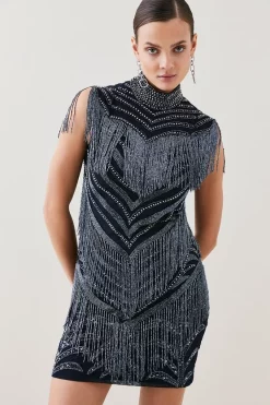 Discount 🔔 Karen Millen Deco Crystal Embellished High Neck Mini 👗 Dress - gun metal 🧨