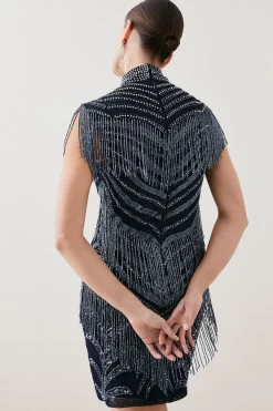 Discount 🔔 Karen Millen Deco Crystal Embellished High Neck Mini 👗 Dress - gun metal 🧨 -Occasionwear Popular Store bkk05748 gun20metal xl 2