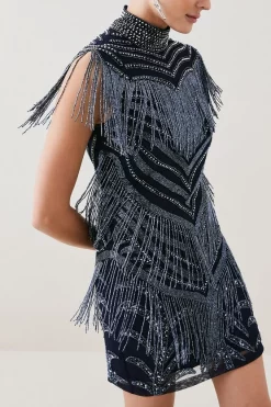 Discount 🔔 Karen Millen Deco Crystal Embellished High Neck Mini 👗 Dress - gun metal 🧨 -Occasionwear Popular Store bkk05748 gun20metal xl 4