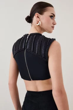 Coupon 🛒 Karen Millen Petite Geometric Beaded Armour Woven Crop Top ⭐ -Occasionwear Popular Store bkk05759 black xl 2