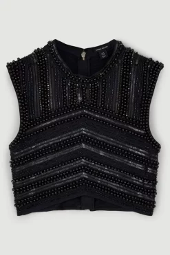 Coupon 🛒 Karen Millen Petite Geometric Beaded Armour Woven Crop Top ⭐ -Occasionwear Popular Store bkk05759 black xl 3