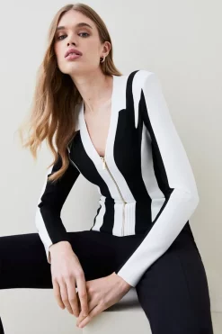 Coupon 😉 Karen Millen Bandage Colour Block Zip Front Knit Jacket - mono 👏