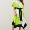 Promo ✨ Karen Millen Plus Size Colourblock Soft Tie Waist Midi 👗 Dress 😉 -Occasionwear Popular Store bkk05853 lime xl 1