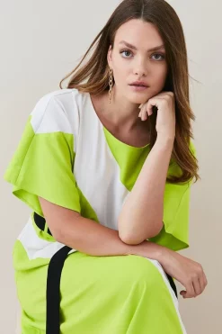 Promo ✨ Karen Millen Plus Size Colourblock Soft Tie Waist Midi 👗 Dress 😉 -Occasionwear Popular Store bkk05853 lime xl 2