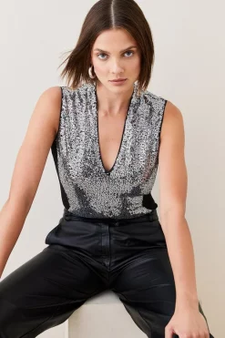 New ✔️ Karen Millen Sequin Embellished Panneled Bodysuit - silver ⌛