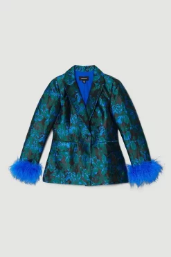Promo 🛒 Karen Millen Jacquard Feather Cuff Single Breasted Blazer - teal 🤩 -Occasionwear Popular Store bkk06032 teal xl 3