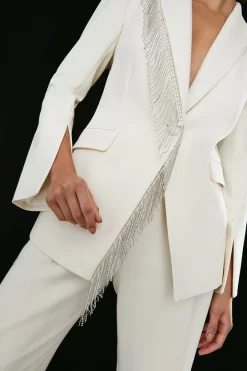 Flash Sale ⌛ Karen Millen Crystal Fringe Lapel Diamante Back Single Breasted Blazer - ivory 🎉 -Occasionwear Popular Store bkk06038 ivory xl 1