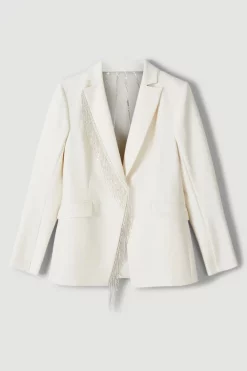 Flash Sale ⌛ Karen Millen Crystal Fringe Lapel Diamante Back Single Breasted Blazer - ivory 🎉 -Occasionwear Popular Store bkk06038 ivory xl 3