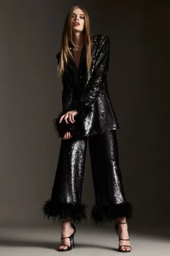 Coupon 🌟 Karen Millen Feather & Sequin Cropped Wide Leg Trouser - black 💯