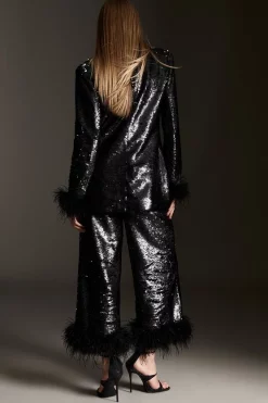 Coupon 🌟 Karen Millen Feather & Sequin Cropped Wide Leg Trouser - black 💯 -Occasionwear Popular Store bkk06056 black xl 4