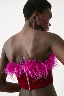 Flash Sale 🥰 Karen Millen Velvet Feather Trim Crop Top - purple 🧨 -Occasionwear Popular Store bkk06079 purple xl 4