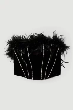 New 🎉 Karen Millen Velvet Diamante Seam Feather Crop Top - black 🥰 -Occasionwear Popular Store bkk06080 black xl 3