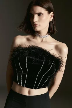New 🎉 Karen Millen Velvet Diamante Seam Feather Crop Top - black 🥰 -Occasionwear Popular Store bkk06080 black xl 4