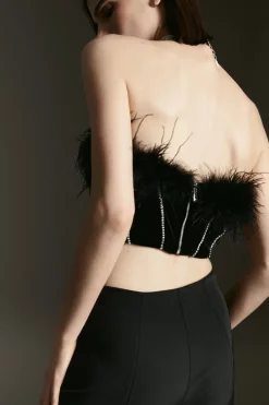 New 🎉 Karen Millen Velvet Diamante Seam Feather Crop Top - black 🥰 -Occasionwear Popular Store bkk06080 black xl 5