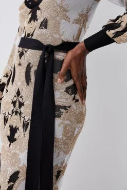 Flash Sale 🥰 Karen Millen Belted Slinky Sparkle Knit Jacquard 👗 Dress - natural 🔥 -Occasionwear Popular Store bkk06090 natural xl 1
