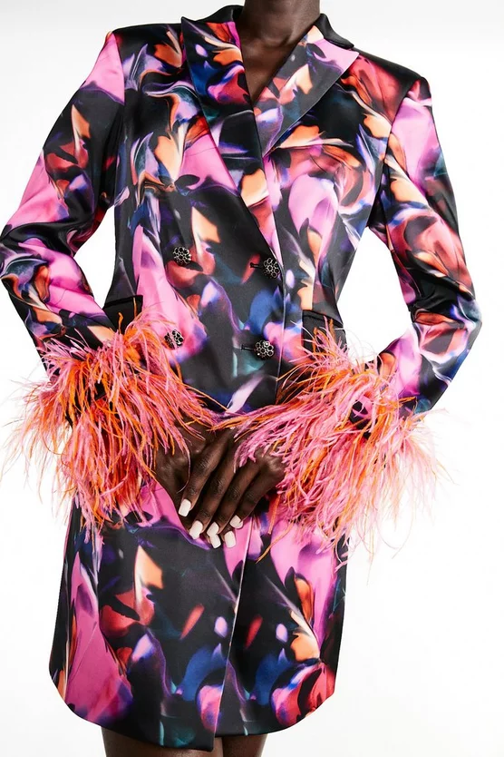 Best Sale 😍 Karen Millen Weston Marble Feather Cuff Blazer Mini 👗 Dress - multi 🎁 4 Best Sale 😍 Karen Millen Weston Marble Feather Cuff Blazer Mini 👗 Dress - multi 🎁 - Image 2