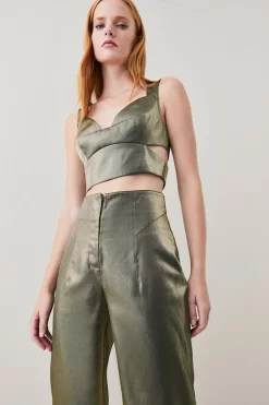 Brand new 👍 Karen Millen Metallic High Waist Split Detail Woven Flare 👏 -Occasionwear Popular Store bkk06123 gold xl 2