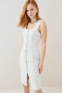 Deals 🧨 Karen Millen Sparkle Tweed Square Neck Pencil Midi 👗 Dress - ivory 🎁 -Occasionwear Popular Store bkk06150 ivory xl 2