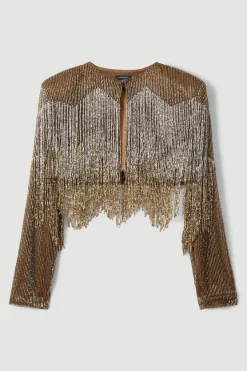 Outlet ⭐ Karen Millen Embelished Fringed Metallic Woven Jacket - copper 😍 -Occasionwear Popular Store bkk06160 copper xl 3