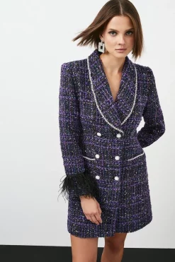 New 😉 Karen Millen Boucle Sparkle Diamante And Feather Tux Mini 👗 Dress - purple 💯